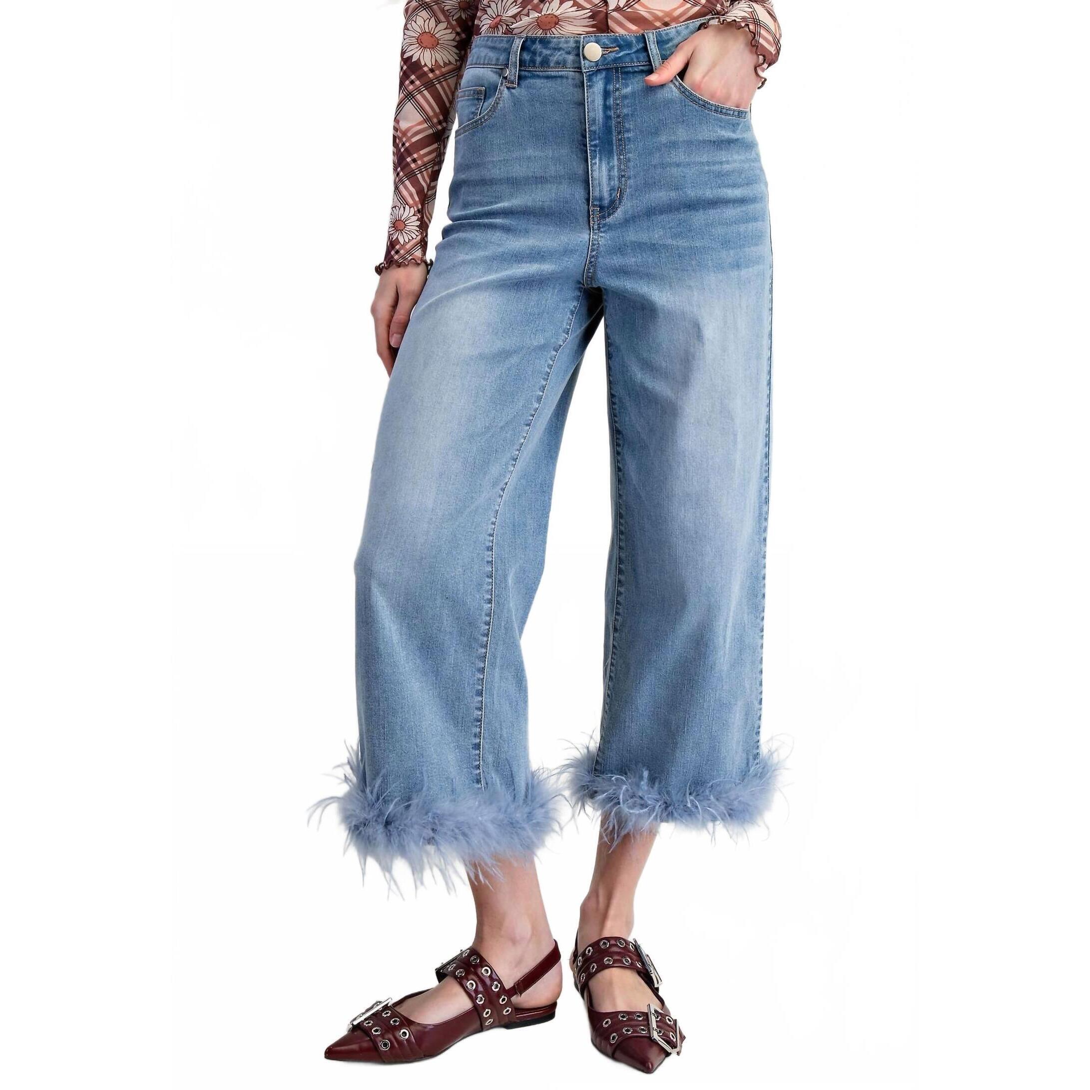 New Easel Fur Bottom Hem Stretch Denim Pants In Blue